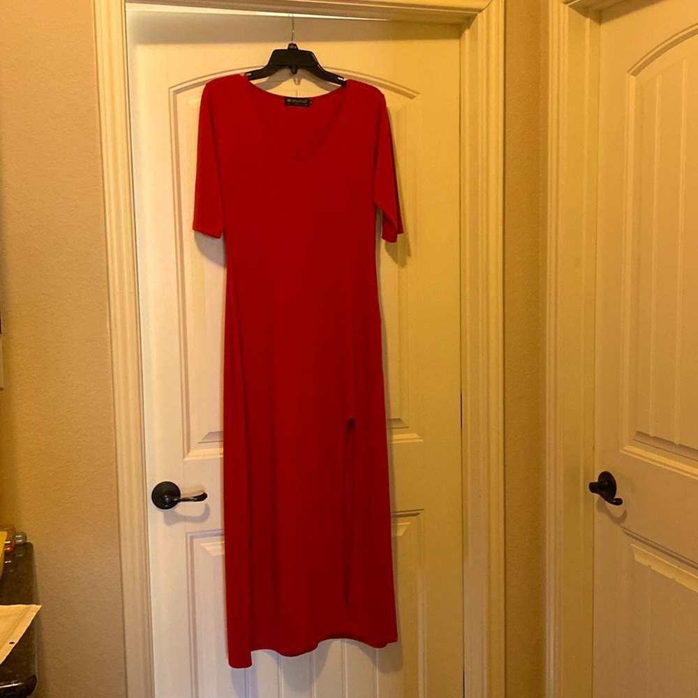Red floor length dress.